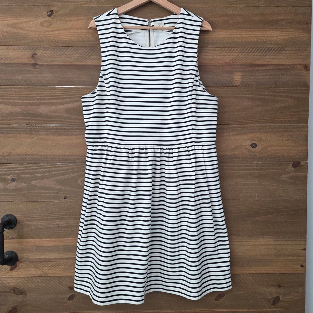 J. Crew Striped Fit & Flare Dress Black White Sleeveless Pockets Womens XXL